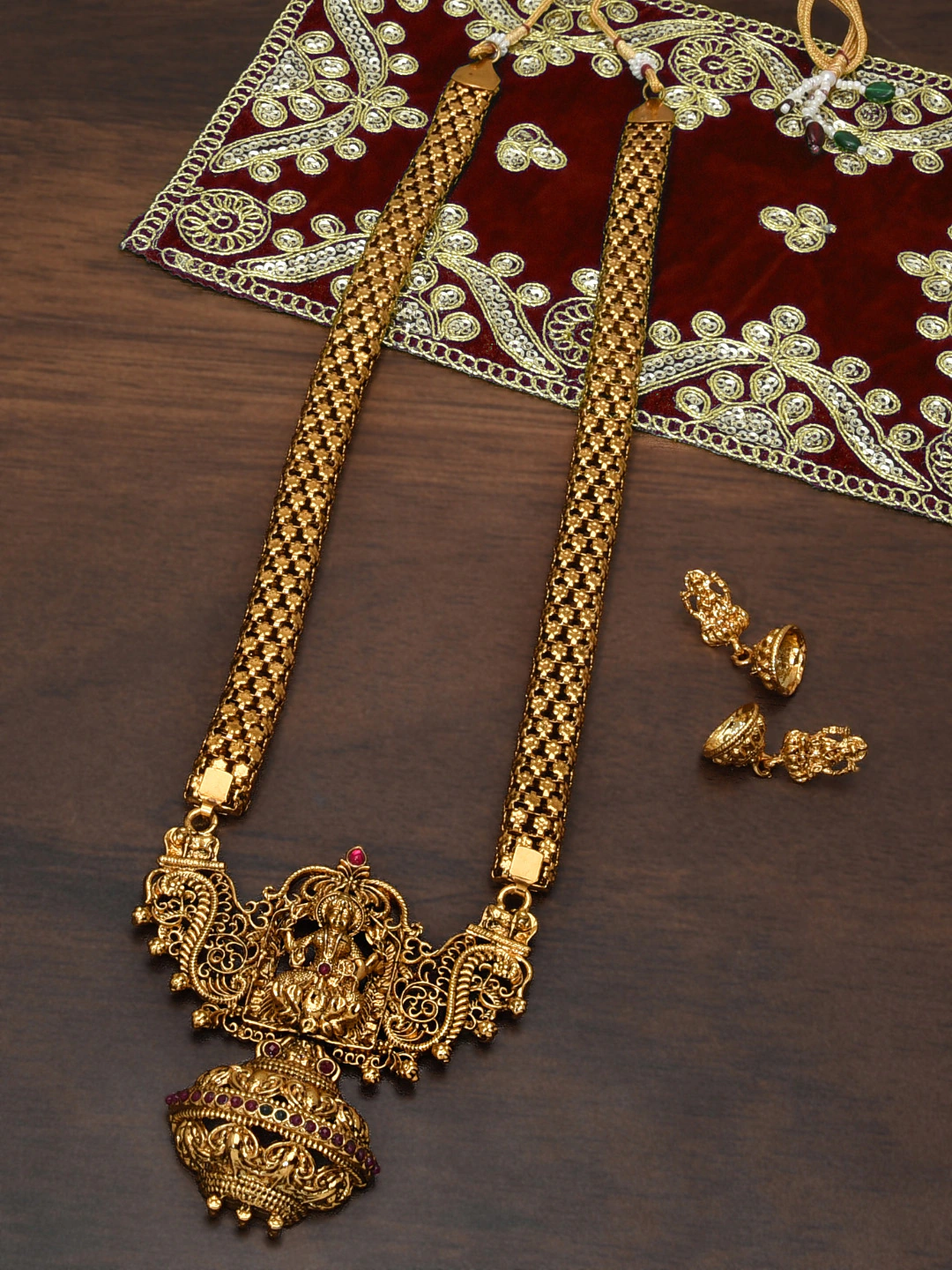 Gold-Plated Studded Long Temple Jewellery Set